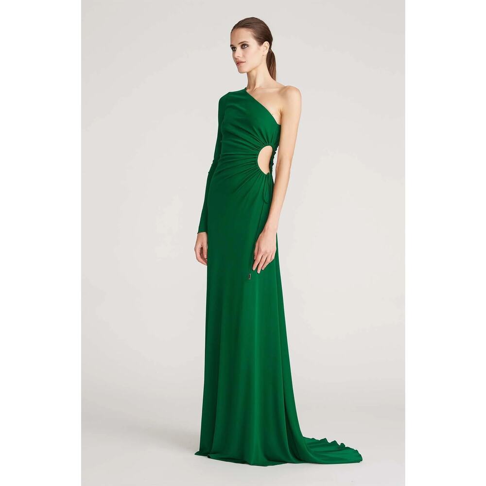 HALSTON Bay Matte Jersey Gown Jade One Shoulder Cut Out Side Women's 10 - Picture 7 of 16